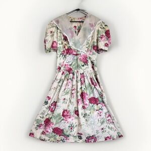 Vintage Jessica Howard 80s 90s Lace Collar Puff Sleeve Dress Pink Floral 10/12